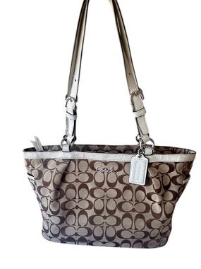 Coach Brown Signature Canvas Tote with Cream Trim. Please look all pictures